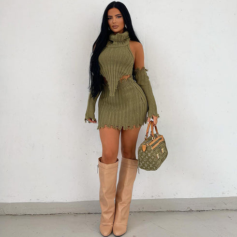 New Women's High Collar Long Sleeved Short Skirt Three Piece Suit For Women - ROUTINE FASHION